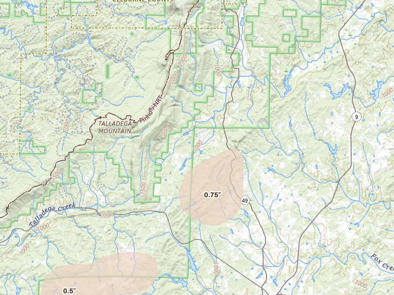 Radar-estimated hail-size map of the storm over Lineville, AL on Aug 6, 2026