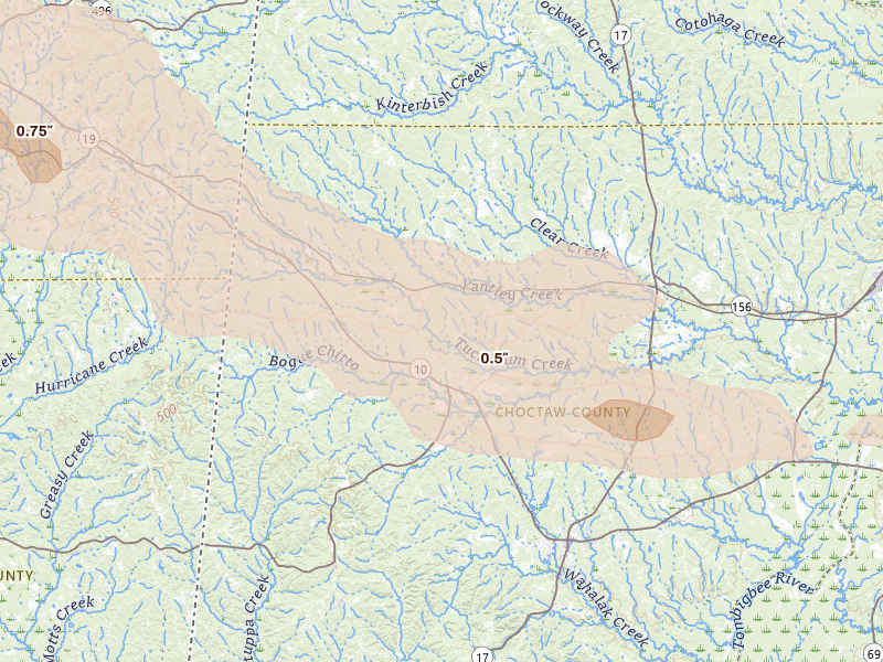 Radar-estimated hail-size map of the storm over Lisman, AL on Apr 28, 2026