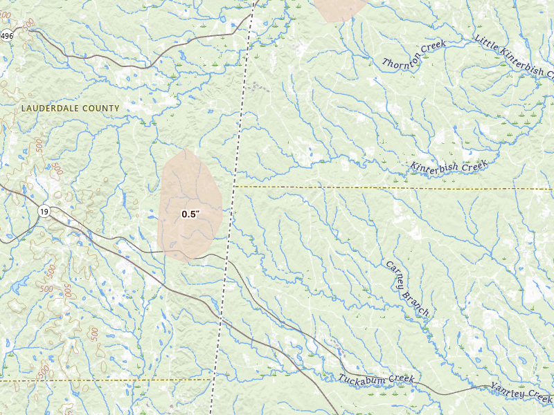 Radar-estimated hail-size map of the storm over Lisman, AL on Aug 19, 2026