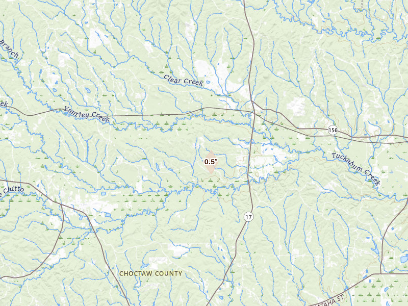 Radar-estimated hail-size map of the storm over Lisman, AL on Aug 20, 2026