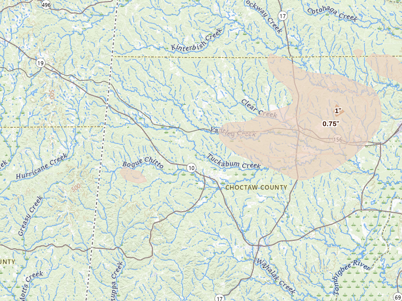 Radar-estimated hail-size map of the storm over Lisman, AL on Aug 21, 2026