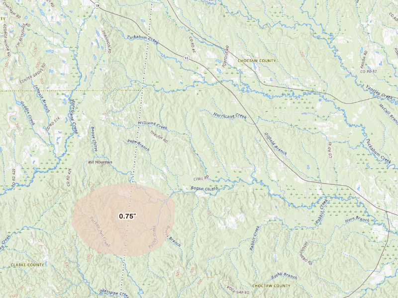 Radar-estimated hail-size map of the storm over Lisman, AL on Aug 26, 2026