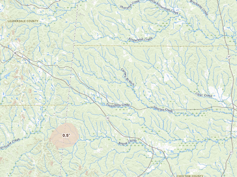 Radar-estimated hail-size map of the storm over Lisman, AL on Sep 12, 2026