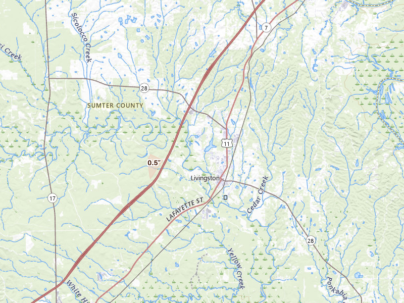 Radar-estimated hail-size map of the storm over Livingston, AL on Mar 6, 2026