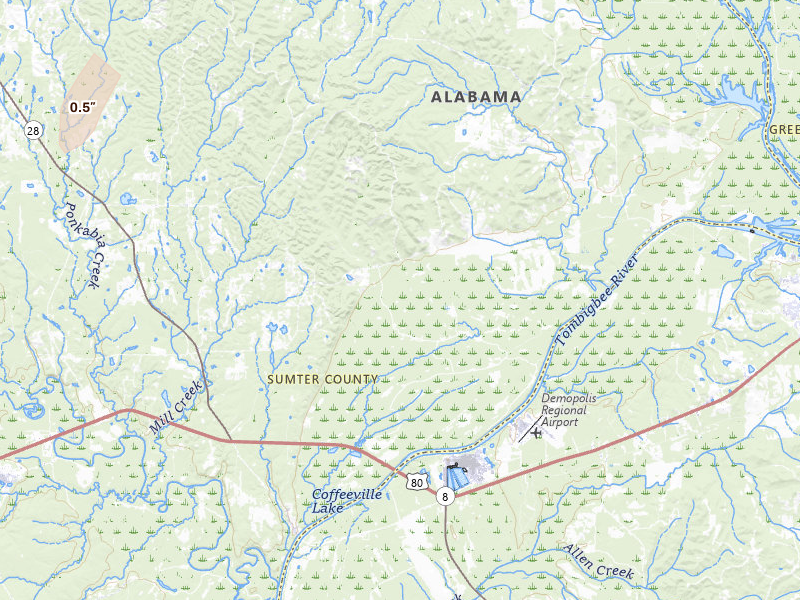 Radar-estimated hail-size map of the storm over Livingston, AL on Apr 1, 2026