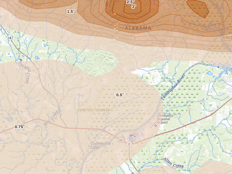 Radar-estimated hail-size map of the storm over Livingston, AL on May 6, 2026