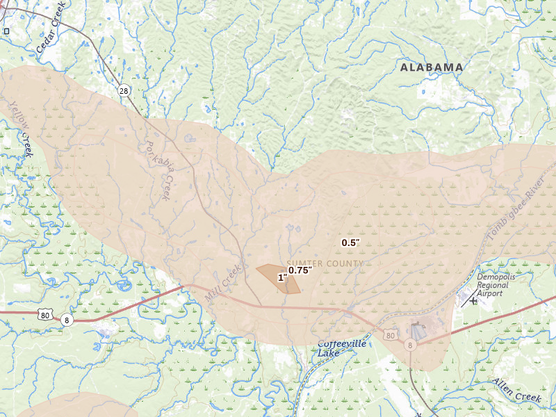 Radar-estimated hail-size map of the storm over Livingston, AL on Aug 18, 2026