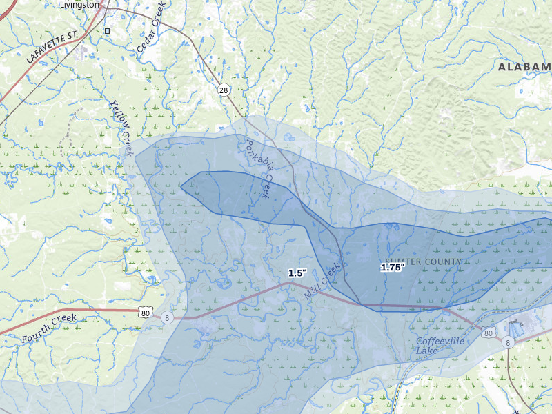 NEXRAD radar-signature map of the hail storm over Livingston, AL on Aug 18, 2026