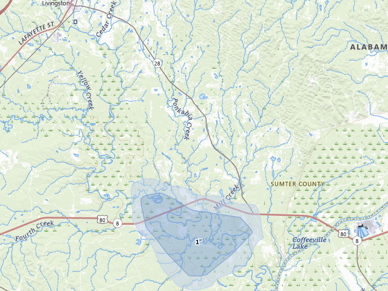 NEXRAD radar-signature map of the hail storm over Livingston, AL on Aug 19, 2026