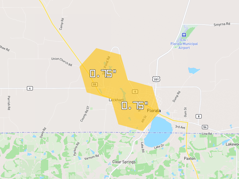 Hail map of Lockhart, AL on Jul 7, 2026, hail up to 0.75"