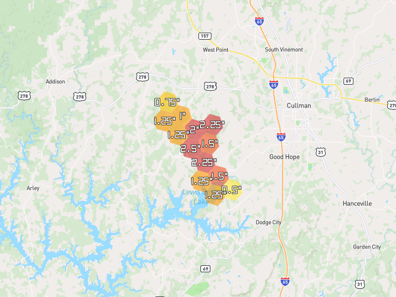 Hail map of Logan, AL on Jun 1, 2026, hail up to 2.5"