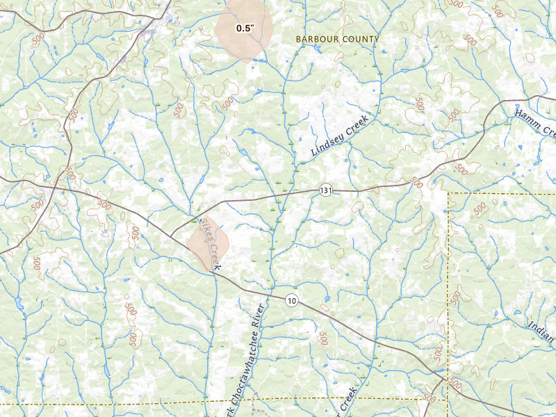 Radar-estimated hail-size map of the storm over Louisville, AL on May 23, 2026