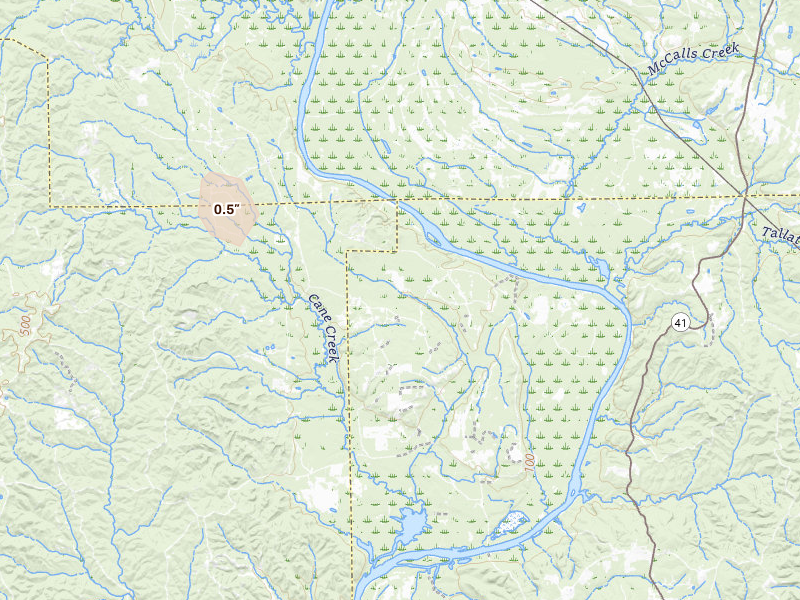 Radar-estimated hail-size map of the storm over Lower Peach Tree, AL on Jul 31, 2026