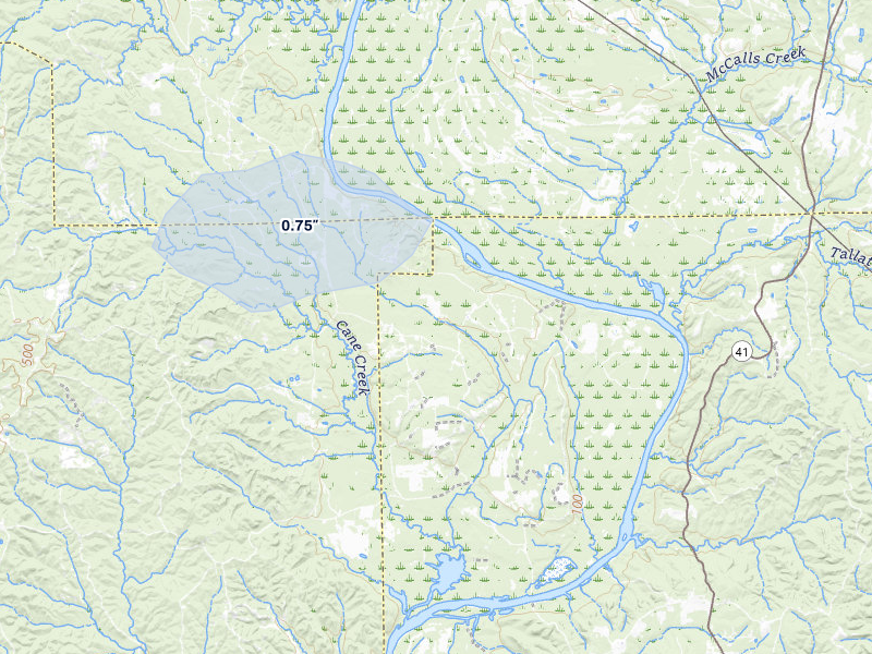 NEXRAD radar-signature map of the hail storm over Lower Peach Tree, AL on Jul 31, 2026