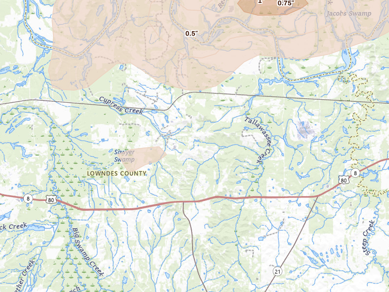 Radar-estimated hail-size map of the storm over Lowndesboro, AL on May 6, 2026