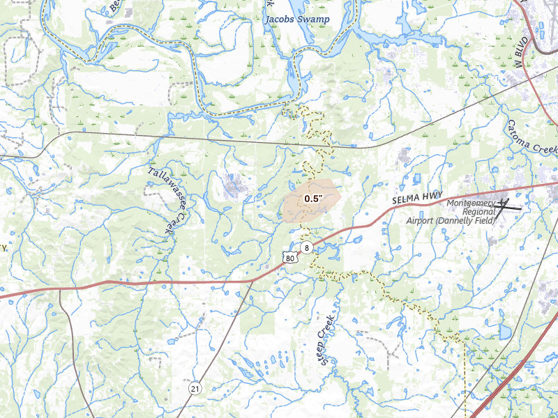 Radar-estimated hail-size map of the storm over Lowndesboro, AL on Aug 15, 2026