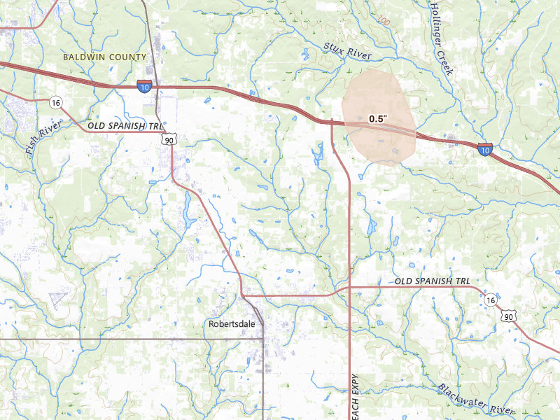 Radar-estimated hail-size map of the storm over Loxley, AL on Jun 30, 2026