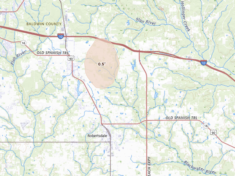 Radar-estimated hail-size map of the storm over Loxley, AL on Jul 19, 2026