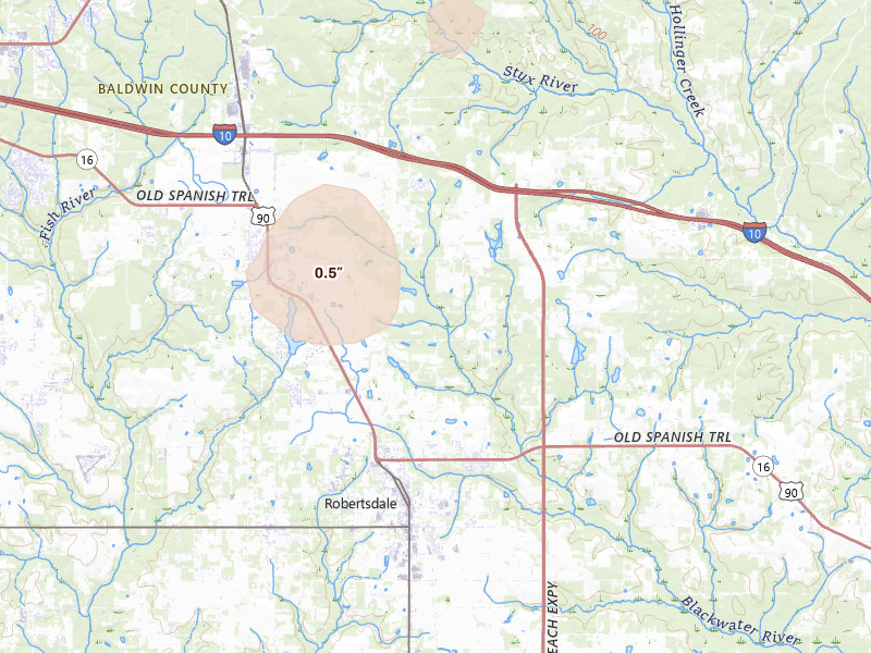 Radar-estimated hail-size map of the storm over Loxley, AL on Aug 19, 2026
