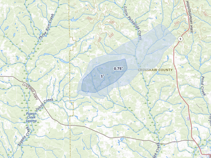 NEXRAD radar-signature map of the hail over Luverne, AL
