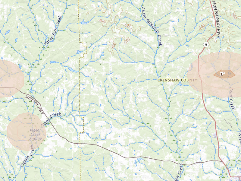 Radar-estimated hail-size map of the storm over Luverne, AL on Jun 9, 2026