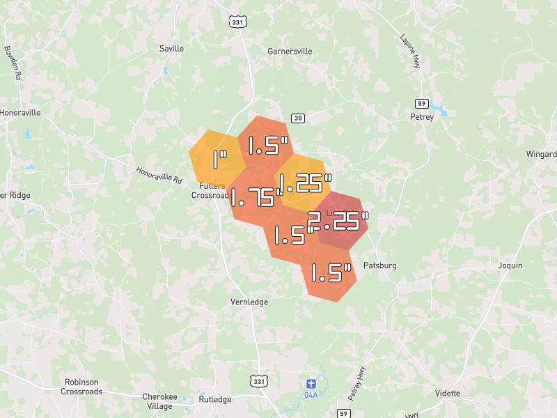 Hail map of Luverne, AL on Jun 9, 2026, hail up to 2.25"