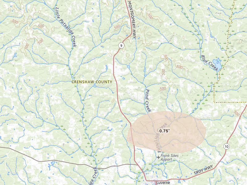 Radar-estimated hail-size map of the storm over Luverne, AL on Aug 11, 2026