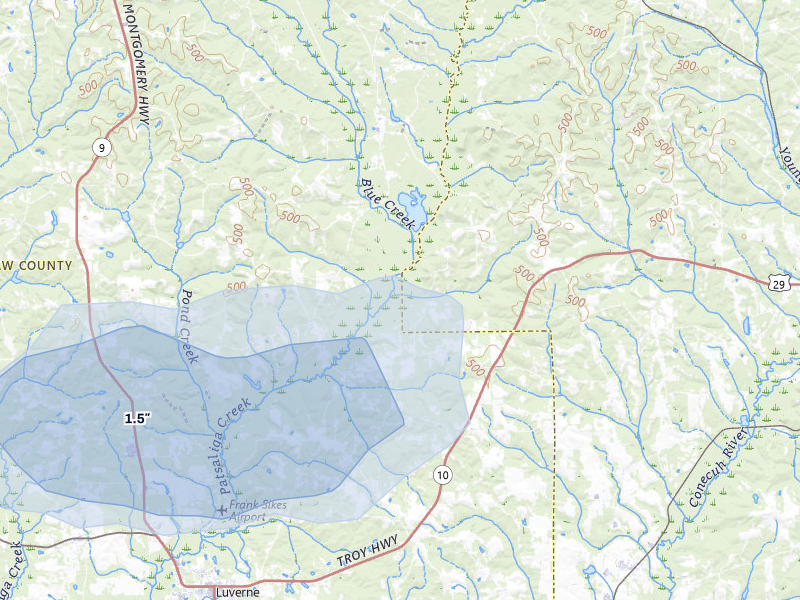 NEXRAD radar-signature map of the hail storm over Luverne, AL on Aug 11, 2026