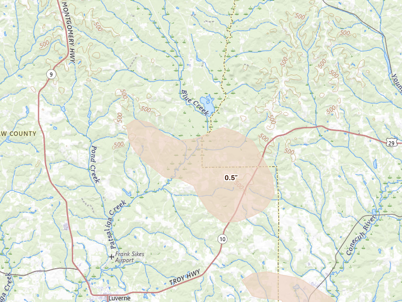 Radar-estimated hail-size map of the storm over Luverne, AL