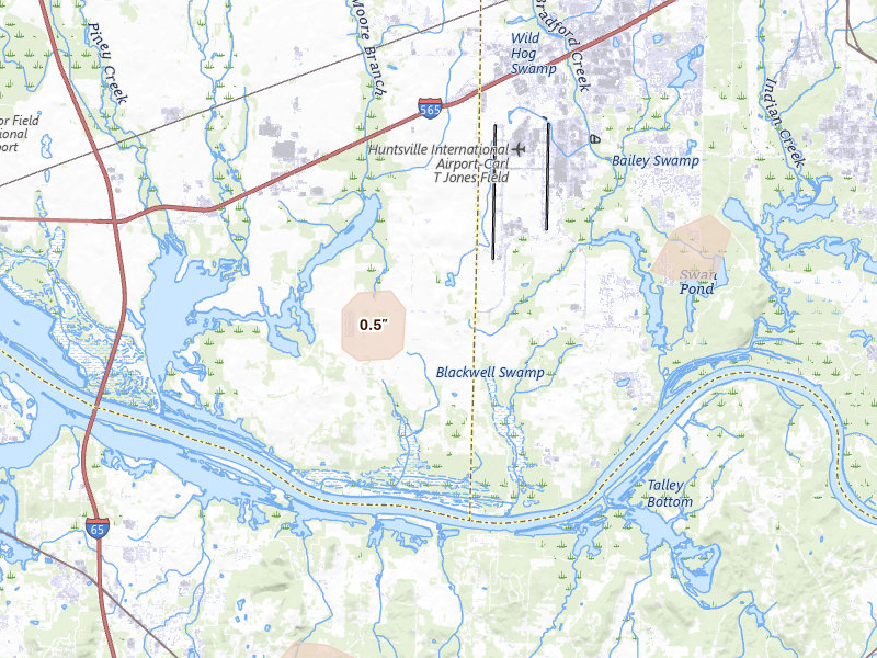 Radar-estimated hail-size map of the storm over Madison, AL on Apr 27, 2026