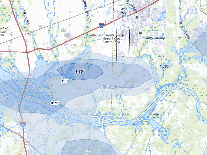 NEXRAD radar-signature map of the hail over Madison, AL