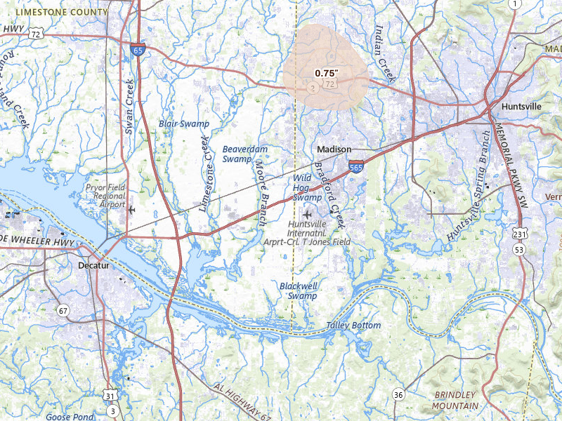 Radar-estimated hail-size map of the storm over Madison, AL on Jul 2, 2026