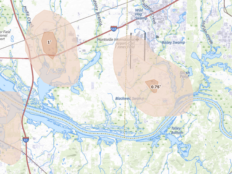Radar-estimated hail-size map of the storm over Madison, AL on Jul 3, 2026