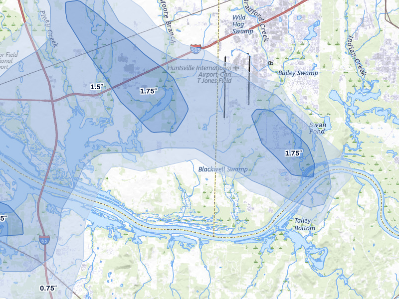 NEXRAD radar-signature map of the hail storm over Madison, AL on Jul 3, 2026