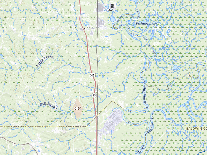 Radar-estimated hail-size map of the storm over Malcolm, AL on Jul 10, 2026