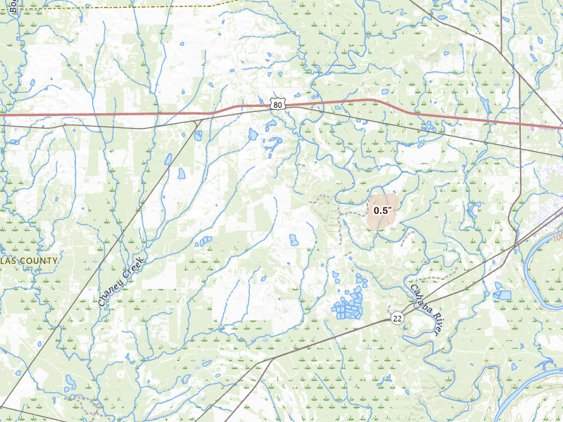 Radar-estimated hail-size map of the storm over Marion Junction, AL on May 20, 2026