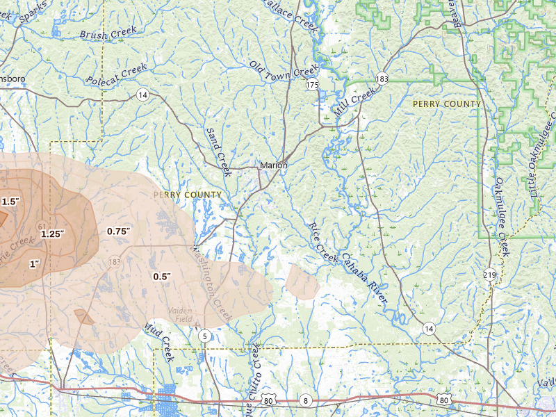 Radar-estimated hail-size map of the storm over Marion, AL on May 6, 2026