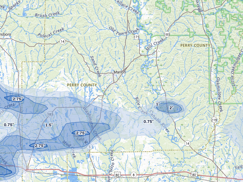 NEXRAD radar-signature map of the hail storm over Marion, AL on May 6, 2026