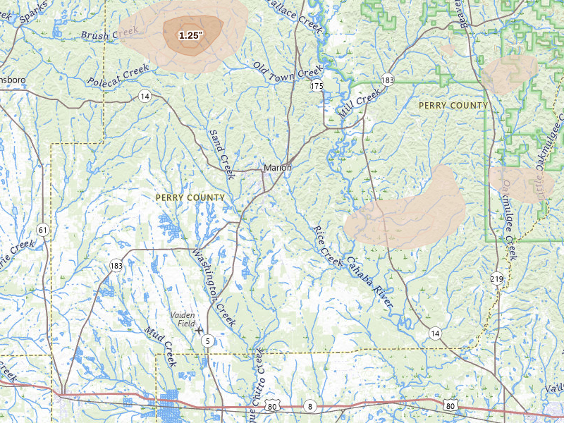 Radar-estimated hail-size map of the storm over Marion, AL on Jul 1, 2026
