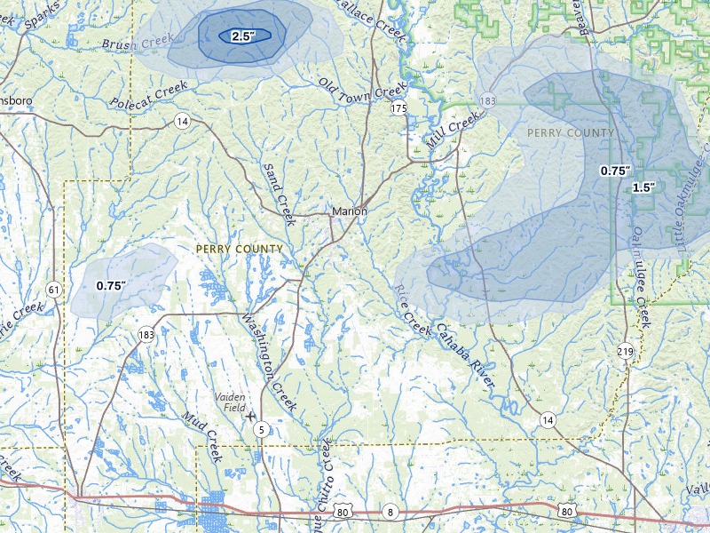 NEXRAD radar-signature map of the hail over Marion, AL