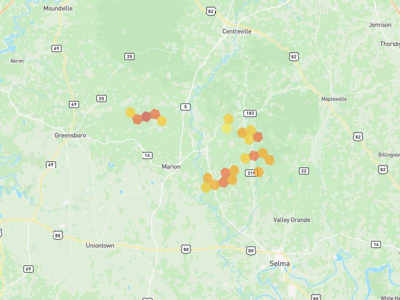 Hail map of Marion, AL on Jul 1, 2026, hail up to 2.5"