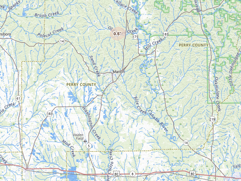 Radar-estimated hail-size map of the storm over Marion, AL on Jul 2, 2026
