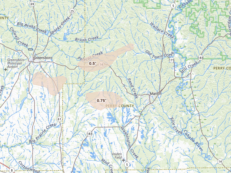 Radar-estimated hail-size map of the storm over Marion, AL on Aug 1, 2026