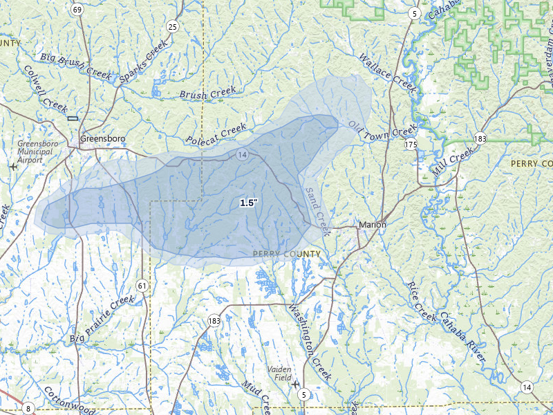 NEXRAD radar-signature map of the hail storm over Marion, AL on Aug 1, 2026