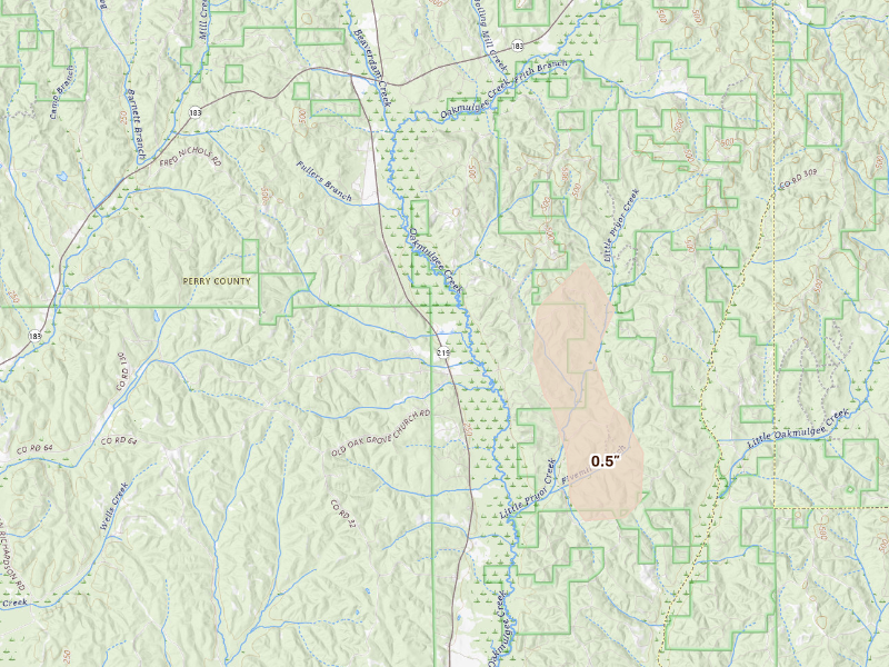 Radar-estimated hail-size map of the storm over Marion, AL on Sep 20, 2026
