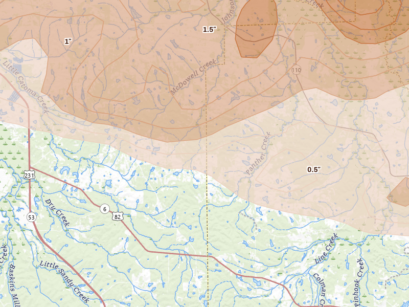 Radar-estimated hail-size map of the storm over Mathews, AL on May 6, 2026