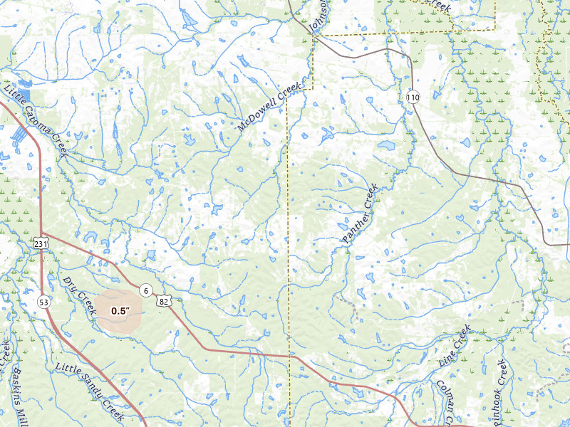Radar-estimated hail-size map of the storm over Mathews, AL on Jul 10, 2026