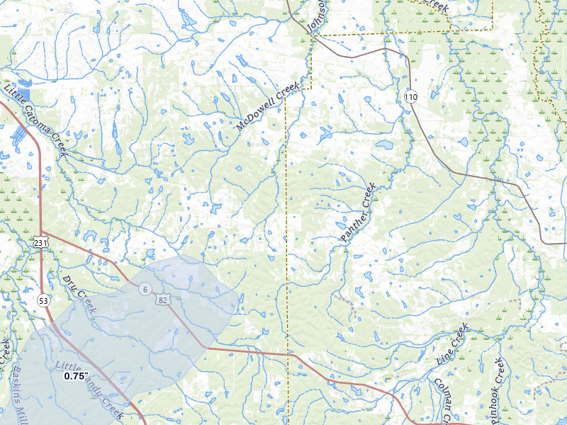 NEXRAD radar-signature map of the hail storm over Mathews, AL on Jul 10, 2026