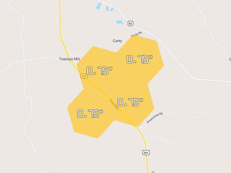 Hail map of Mathews, AL on Jul 10, 2026, hail up to 0.75"