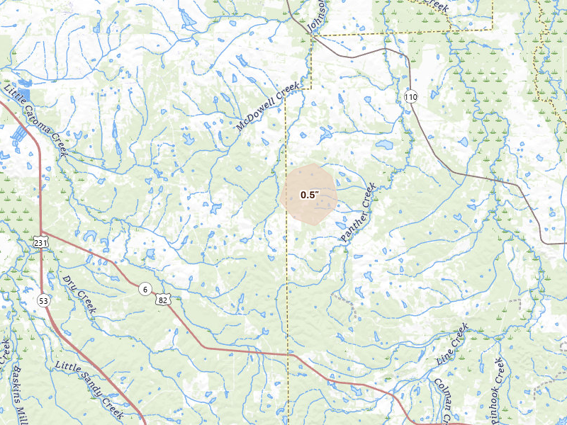 Radar-estimated hail-size map of the storm over Mathews, AL on Aug 14, 2026